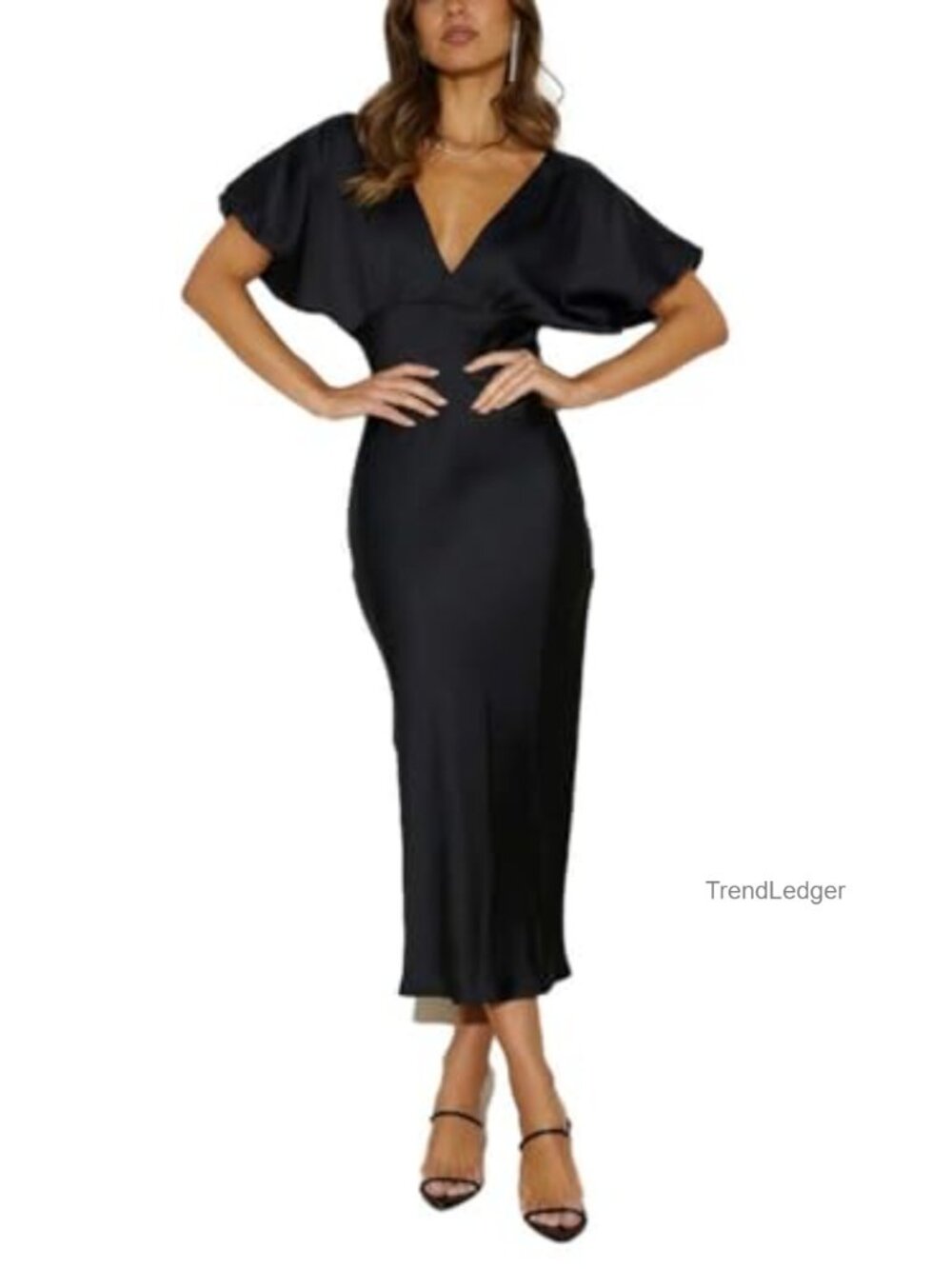 Satin V Neck Puffy Sleeve Midi Dress Open Back Formal Wedding Guest